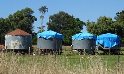 Round field bins with octagonal tarp covers