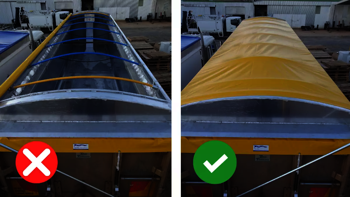 An image showing a roll-top tarp cover open and closed.