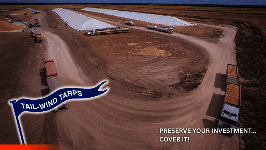 A grain bunker in Boolcarroll, NSW, with Ellis and Sons Group tarp covers.