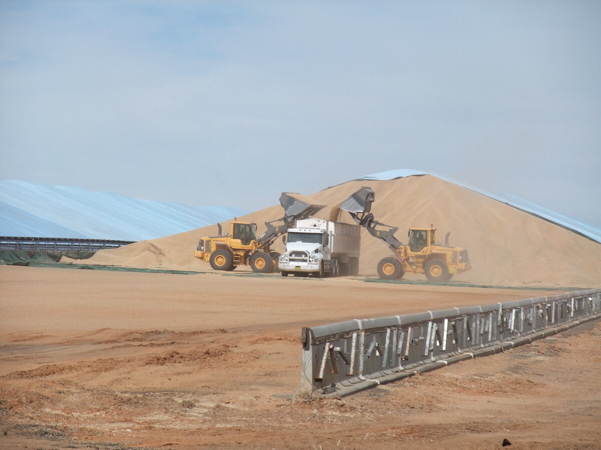 Two diggers unload grain from a grain bunker into a semi trailer