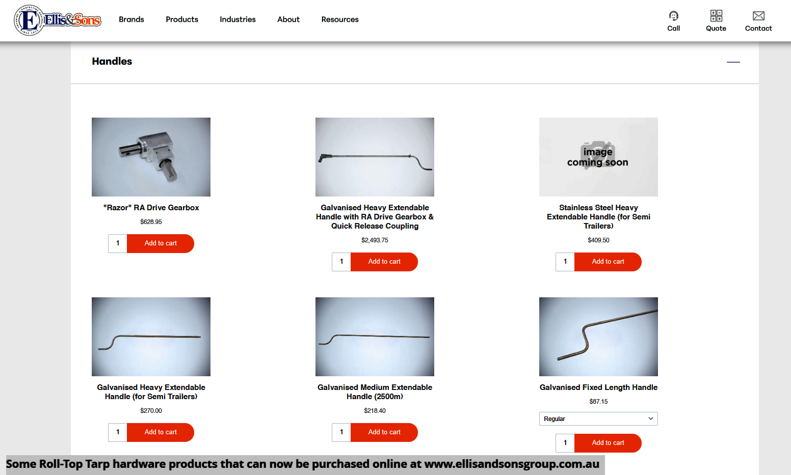 The Roll-Top Tarp Hardware products page on the Ellis and Sons Group website.