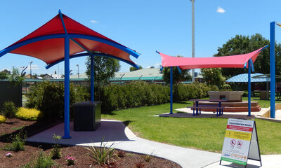 Shade structures covering barbecues at the Parkes aquatic centre