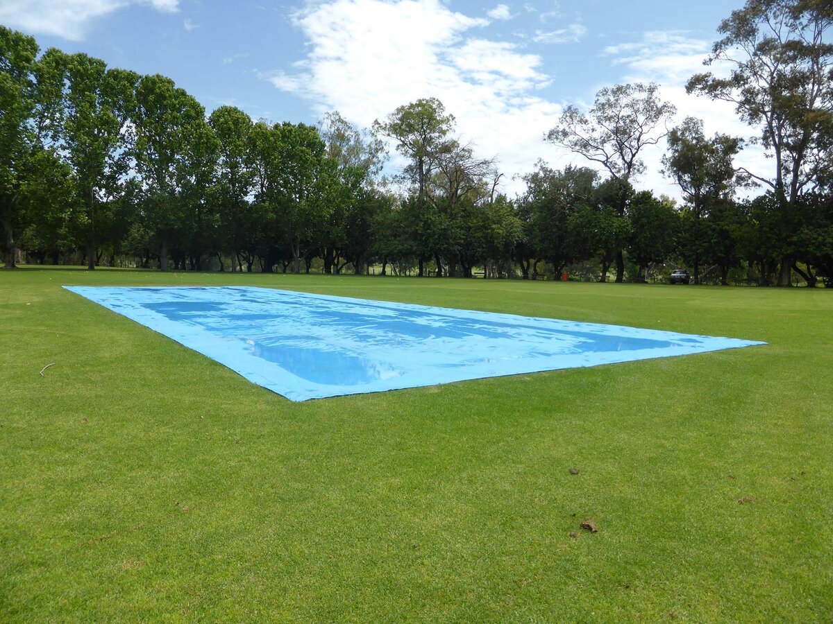 blue cricket pitch cover on the grass