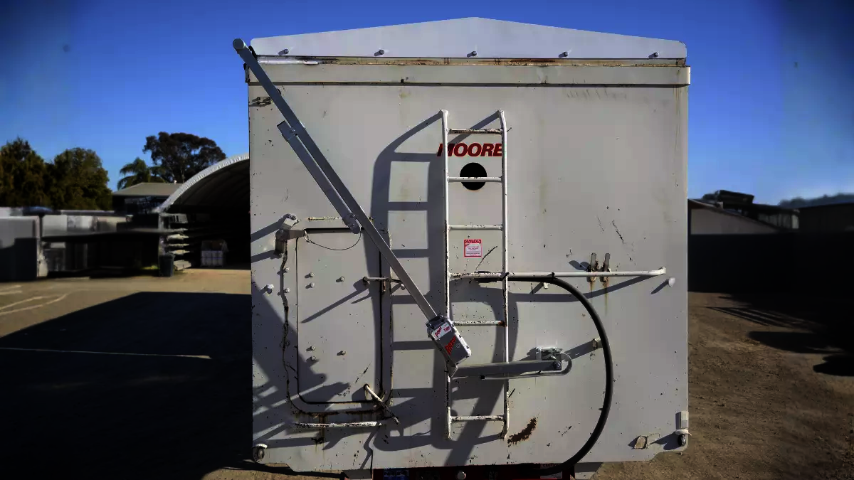 After: The Razor electric tarp system fitted to the front of the trailer with modifications to provide clearance from the ladder and the submarine door.