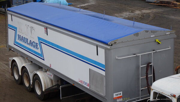The new roll-over tarp on Brendan Nash's semi-trailer from Ellis and Sons Group