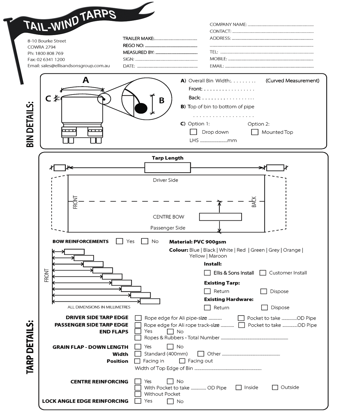 Tail-Wind Tarp's roll-top tarp measurement form